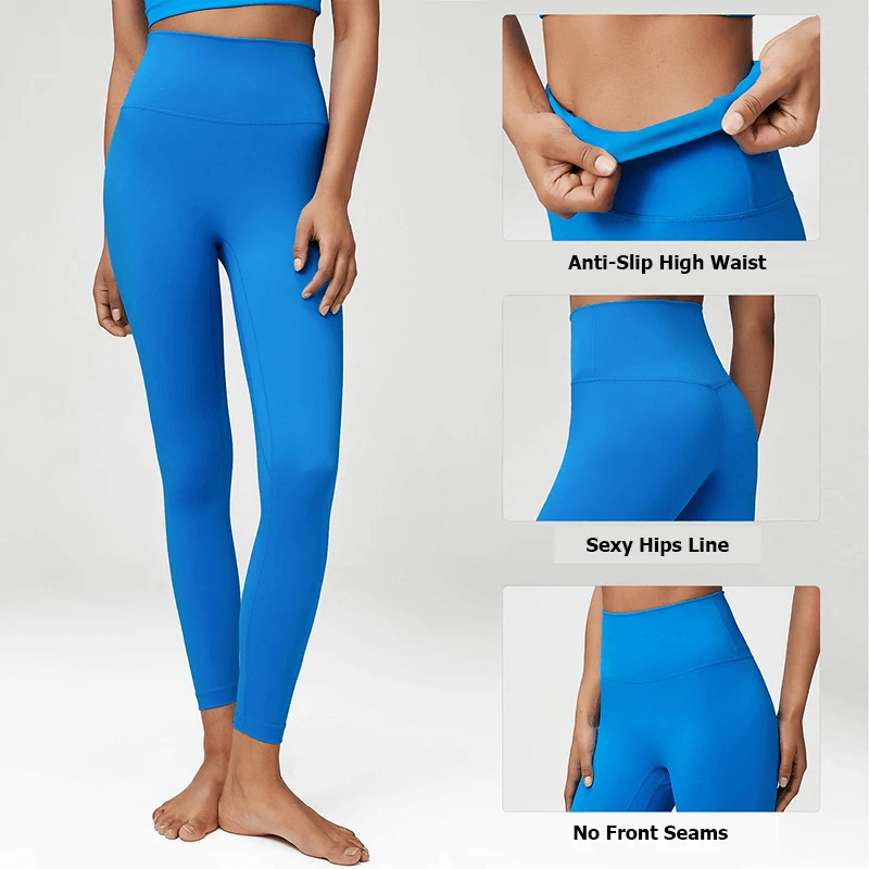 Model wearing blue high-waist yoga leggings with anti-slip waist, sexy hips line, and no front seams for maximum comfort and style.